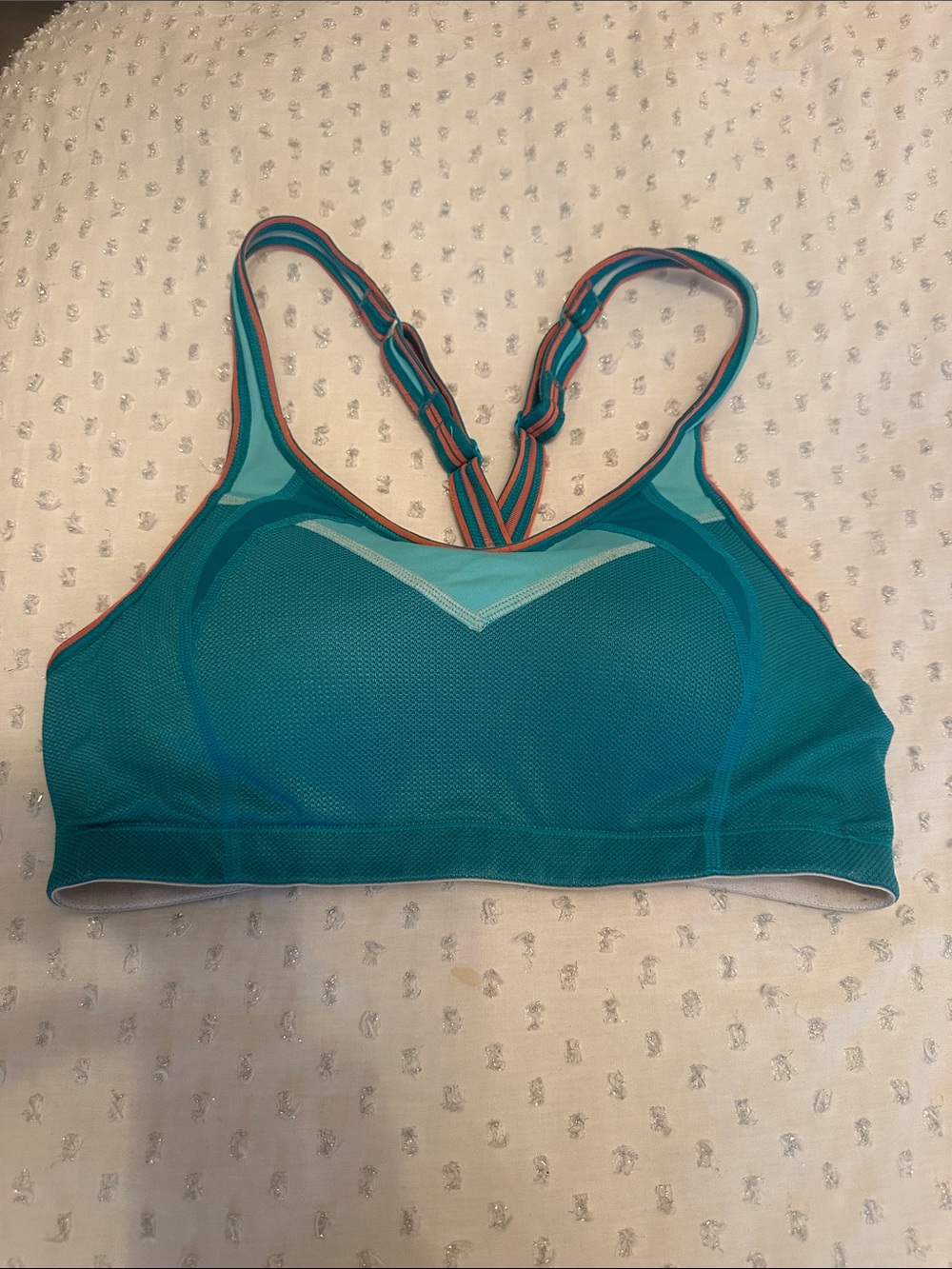 Moving Comfort Teal Mesh Sports Bra with Coral Trim